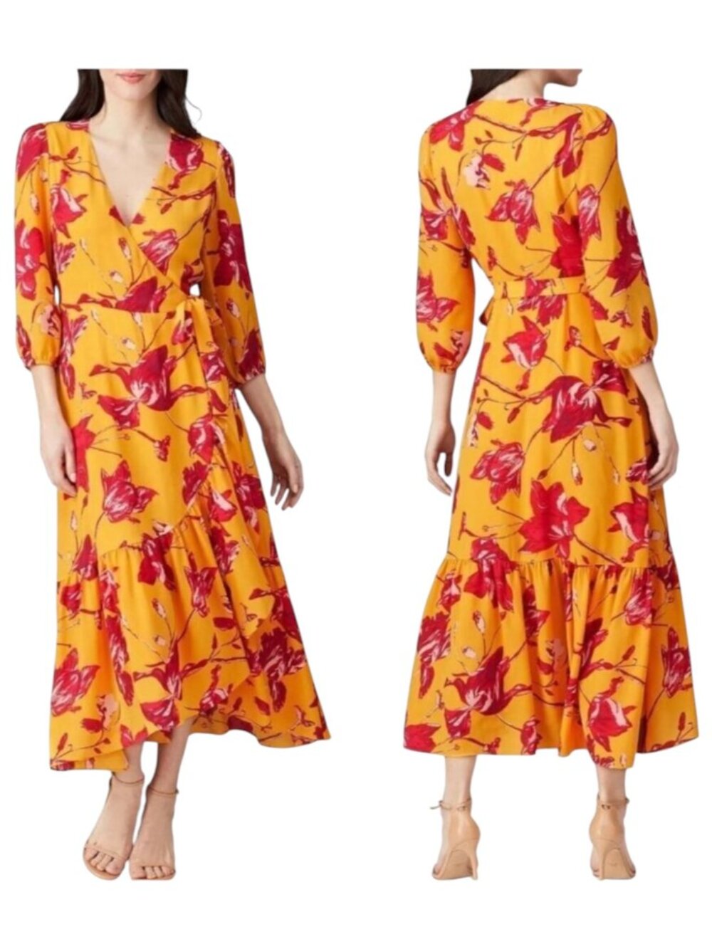 Color Me Courtney Dress Womens Small Yellow Red Floral Print Eleanor Wrap Midi